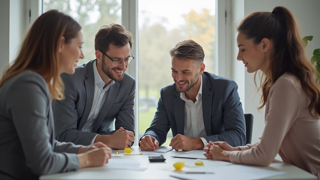 Diverse team van vier mensen in kantoor setting, brainstormsessie met post-its, collaboratieve werksfeer