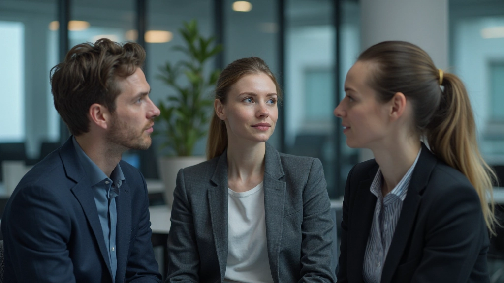 Drie teamleden in kantoor waarbij twee zwijgend zitten en niet naar elkaar kijken