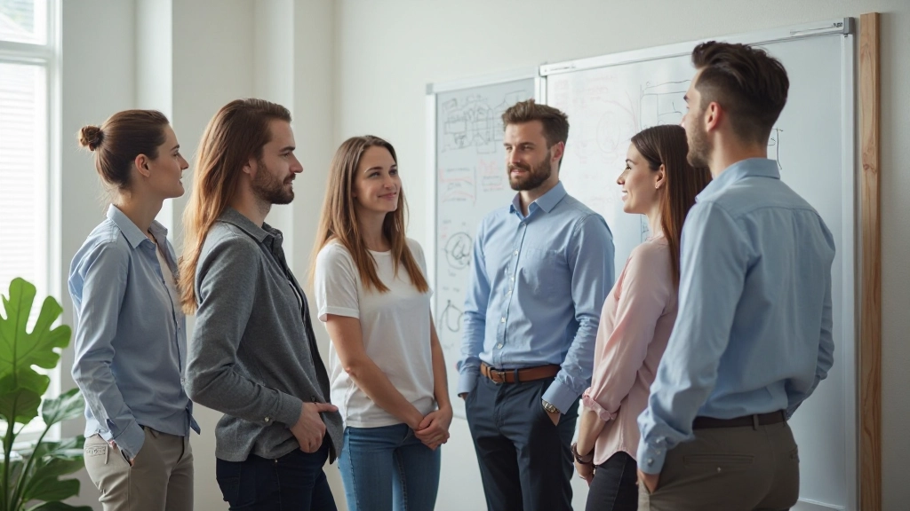Team werkende aan project, notities en mockups op whiteboard, samenwerking in volle gang