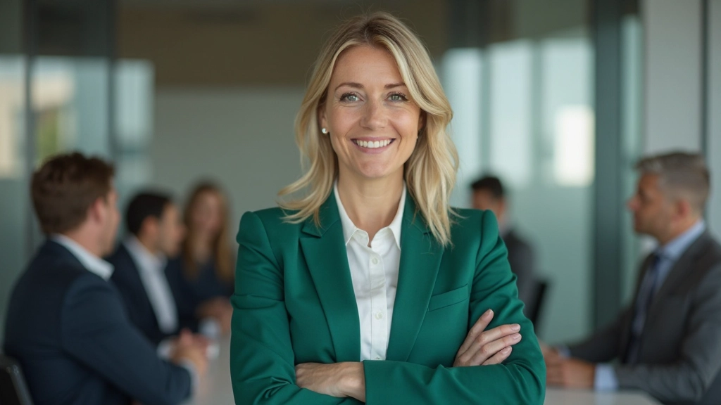Zakenvrou in groen jasje staand voor groep collega's in vergaderruimte, leiderschap en gezag uitstraling